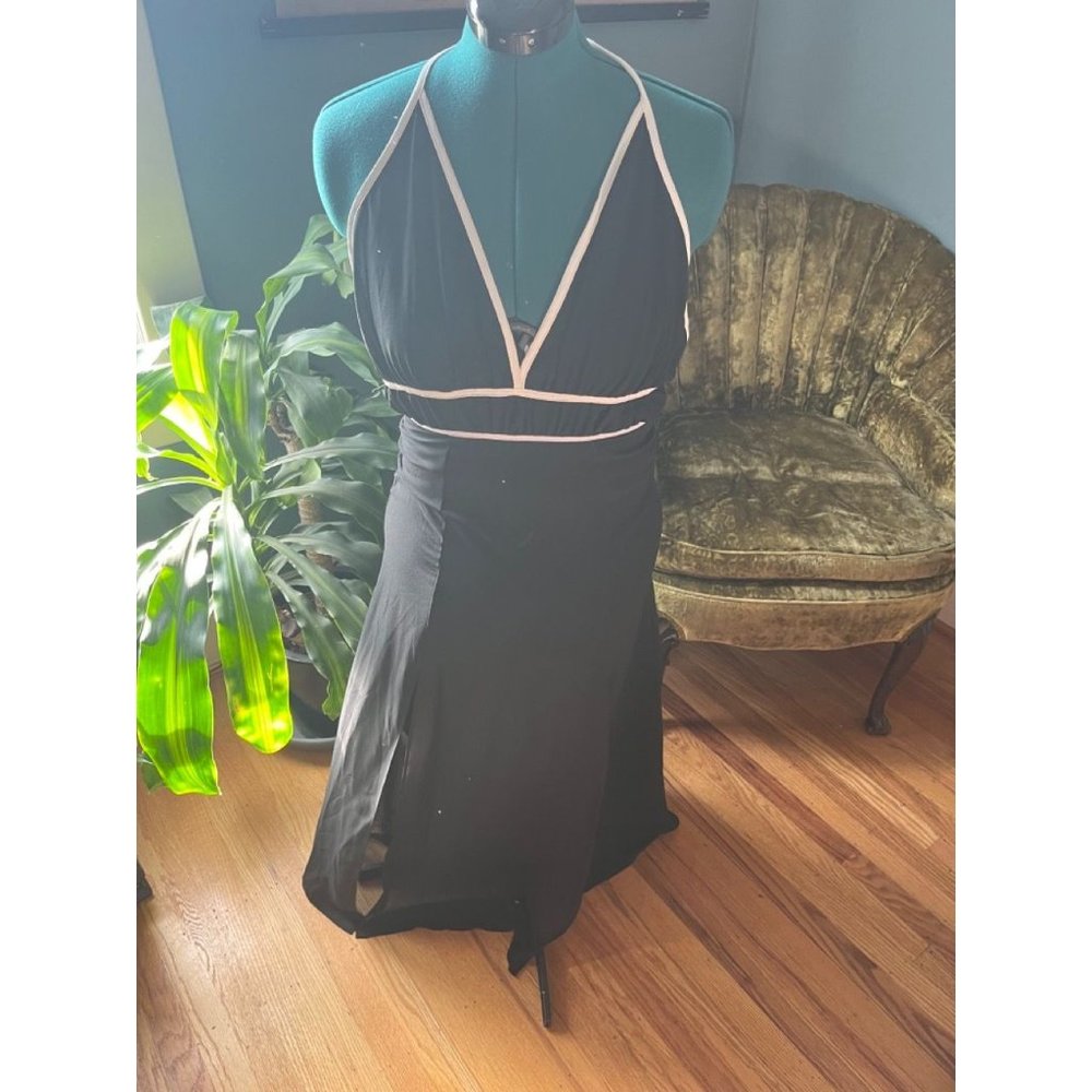 90s Transparent Black Slip-Style Maxi Halter Black with White Trim Dress with Bo